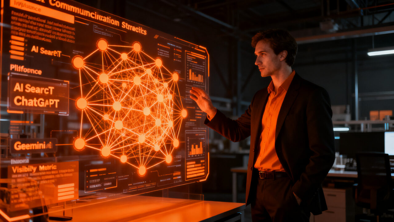 Estratega de marketing analizando métricas de visibilidad en IA y herramientas de comunicación para startups en Hotwire AI Lab.