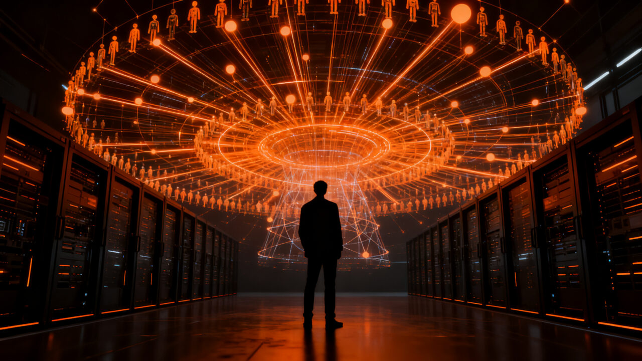 Arquitecto de sistemas supervisando una red global de agentes de IA, representando el core AI-native de Huawei.