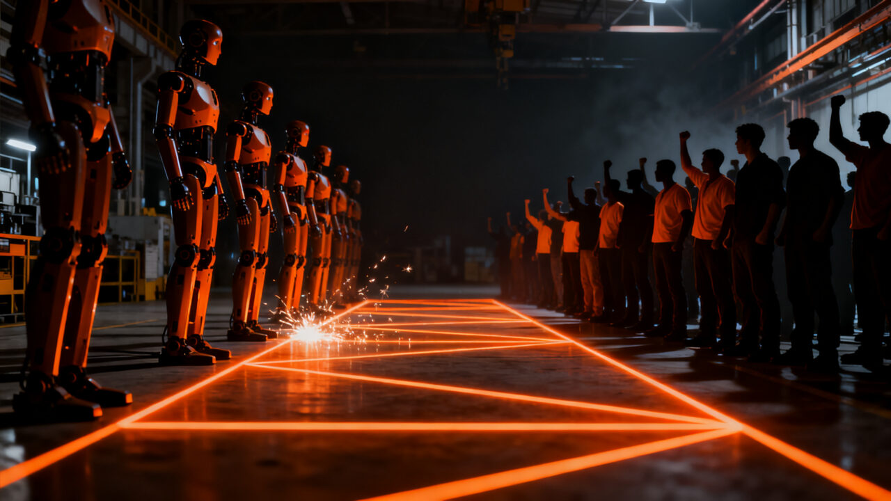 Protesta laboral frente a robots humanoides en una planta de Hyundai, representando el futuro del trabajo y la automatización.