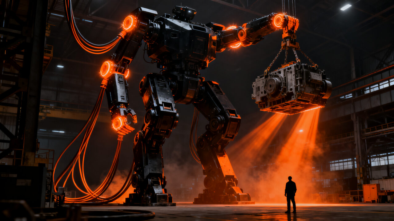 Humanoide industrial gigante Neo1 de NeodraDynamics realizando tareas de automatización pesada en entorno tecnológico.