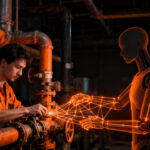 Técnico humano siendo grabado por tecnología de IA para entrenamiento de robots humanoides en un entorno de trabajo real.