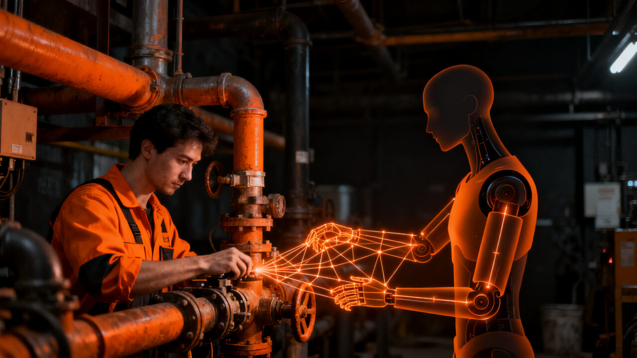 Técnico humano siendo grabado por tecnología de IA para entrenamiento de robots humanoides en un entorno de trabajo real.