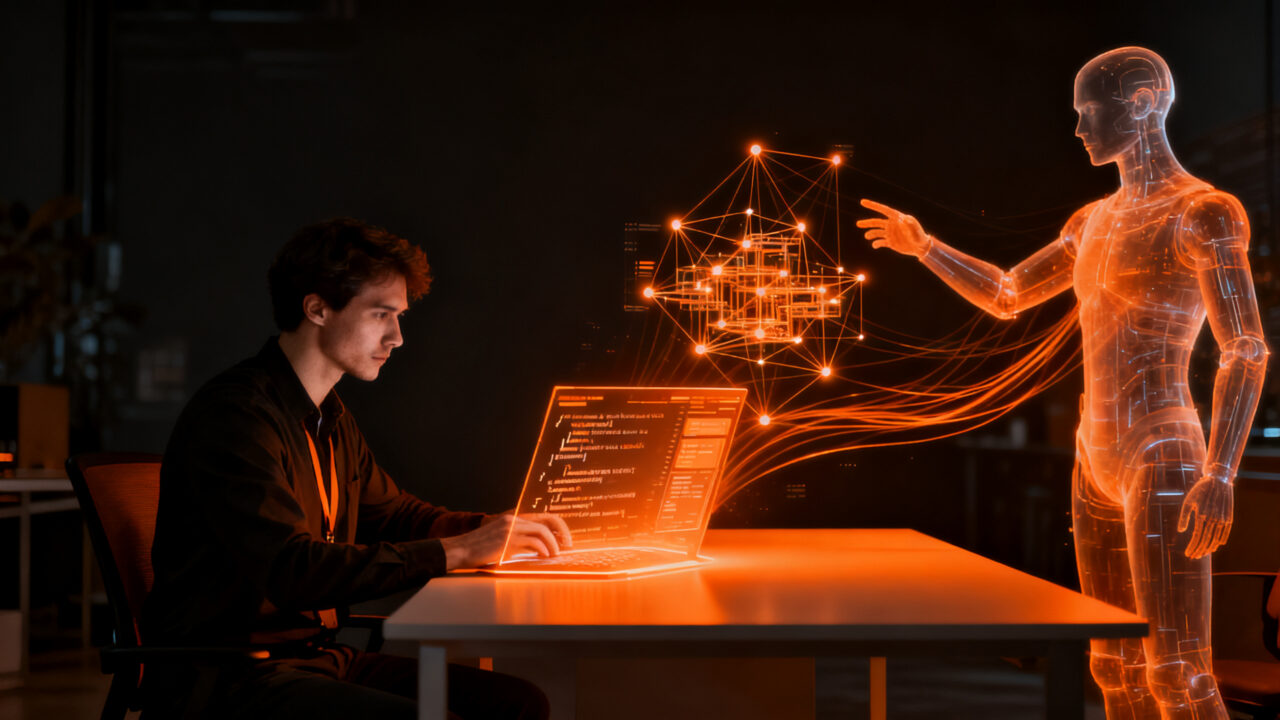 Agente de IA colaborando con un desarrollador de software para mejorar la productividad en programación.