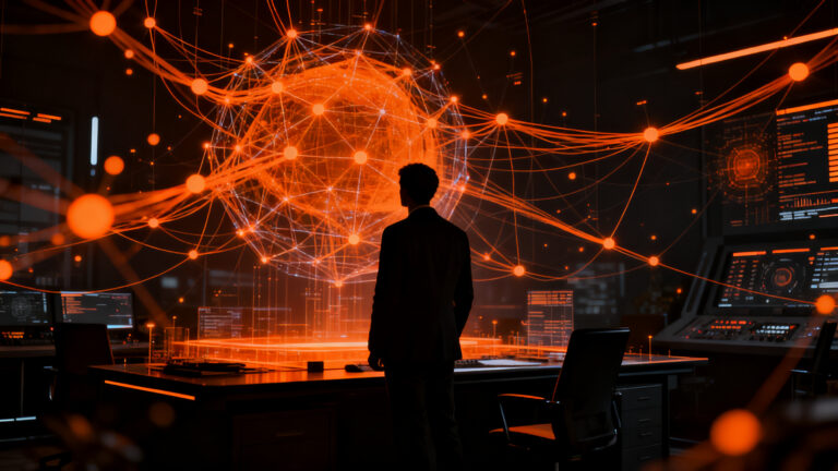 Líder empresarial observando red de IA agéntica en México, representando el crecimiento de la automatización y la Shadow AI en el mercado LATAM.