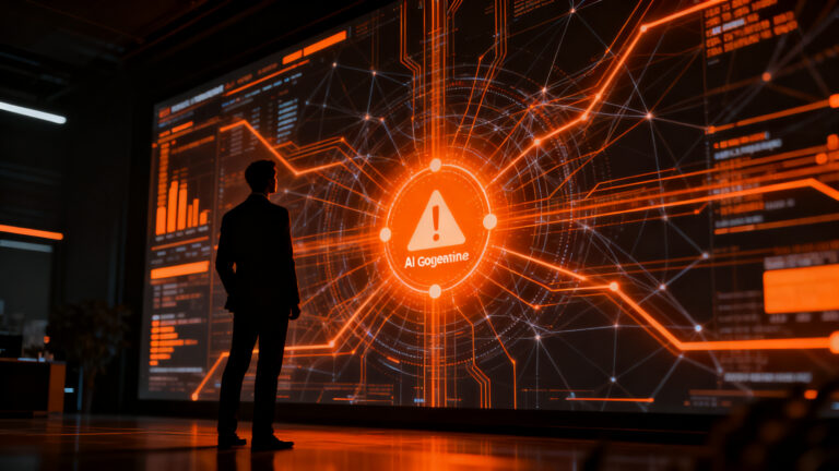 Ejecutivo analizando riesgos de IA agéntica y gobernanza corporativa en un entorno digital de alta seguridad.