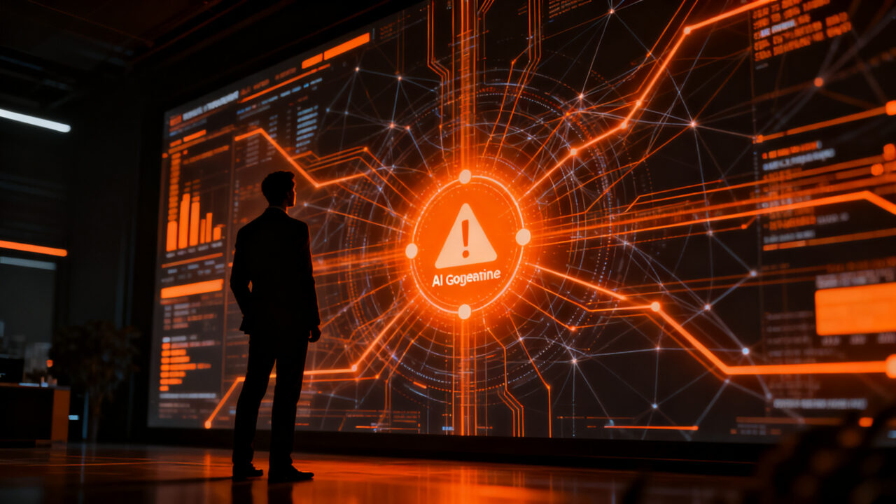 Ejecutivo analizando riesgos de IA agéntica y gobernanza corporativa en un entorno digital de alta seguridad.