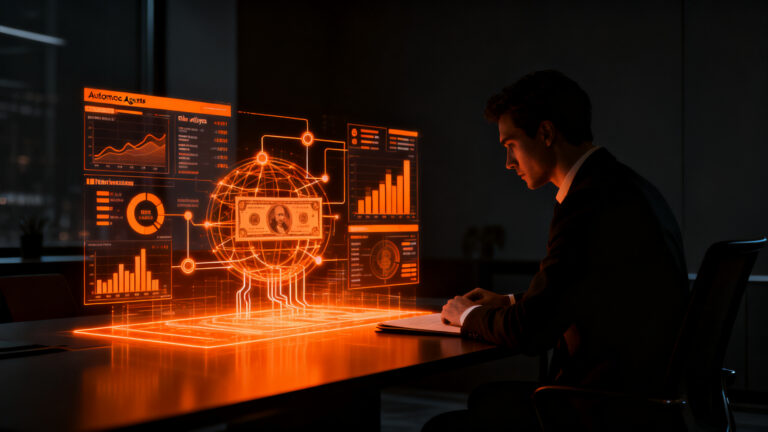 Asesor financiero con IA analizando datos de flujo de caja y estados financieros para optimizar finanzas personales.