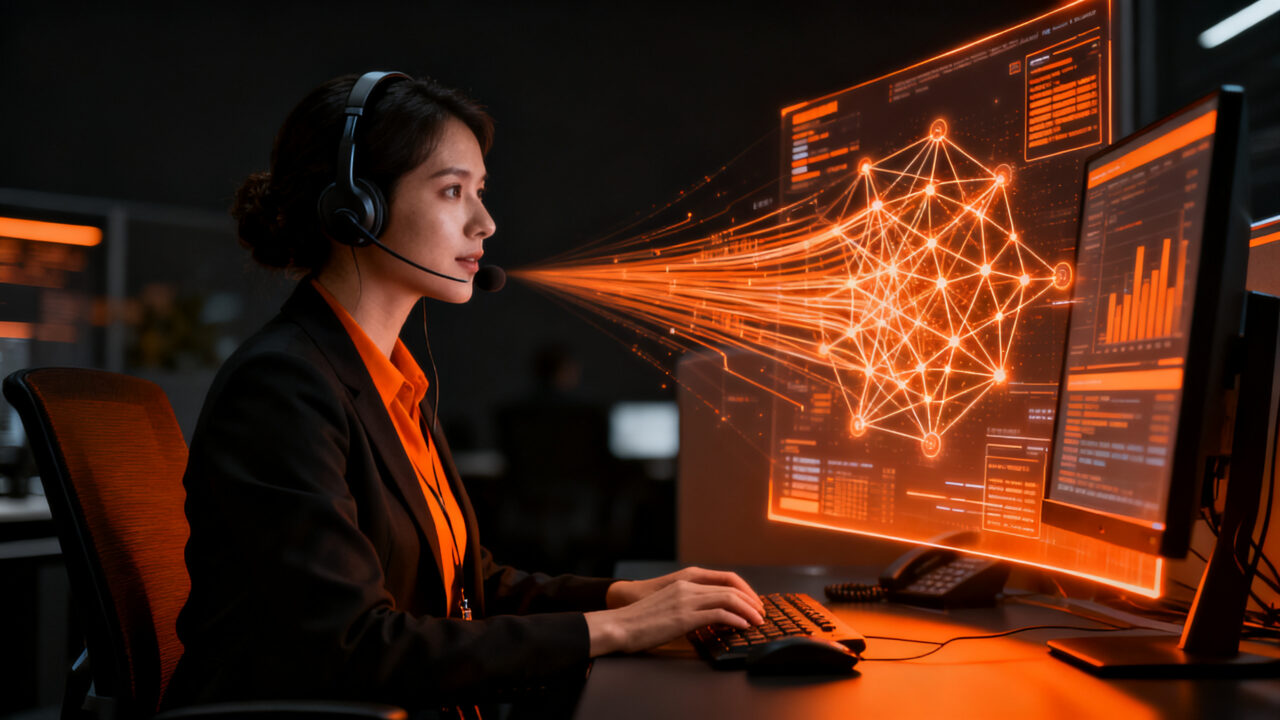 Agente de contact center gestionando IA avanzada para mejorar la eficiencia operativa y atención al cliente.