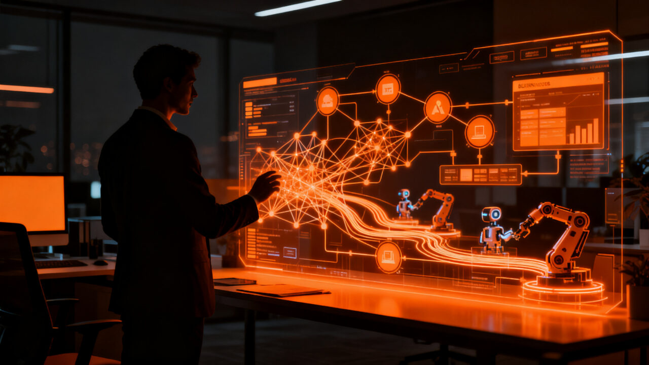 Empresario trabajando con agentes de inteligencia artificial para la automatización de procesos en PyMEs.