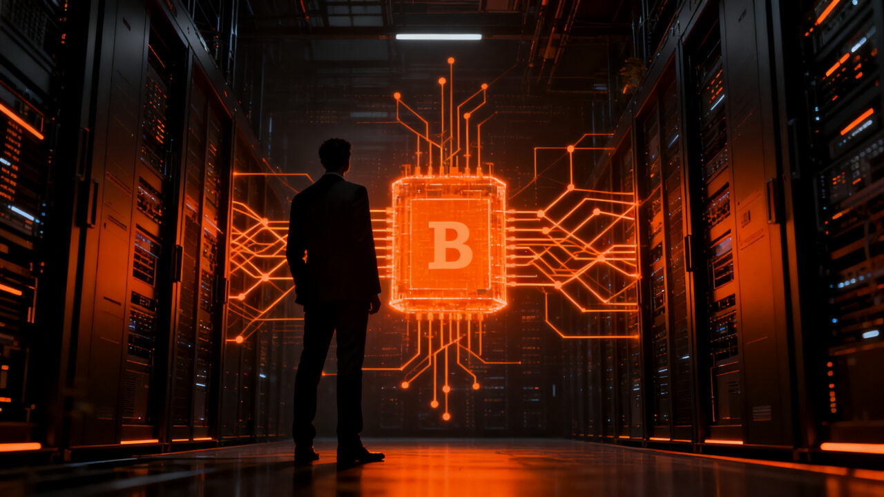 Ejecutivo financiero analizando nodos de inteligencia artificial en una infraestructura bancaria digital en Latinoamérica.