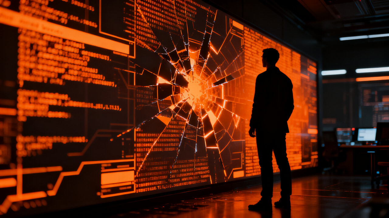 Agente de inteligencia artificial analizando infraestructura crítica bajo una luz tensa, representando los riesgos de ciberseguridad y el hackeo de recompensas.