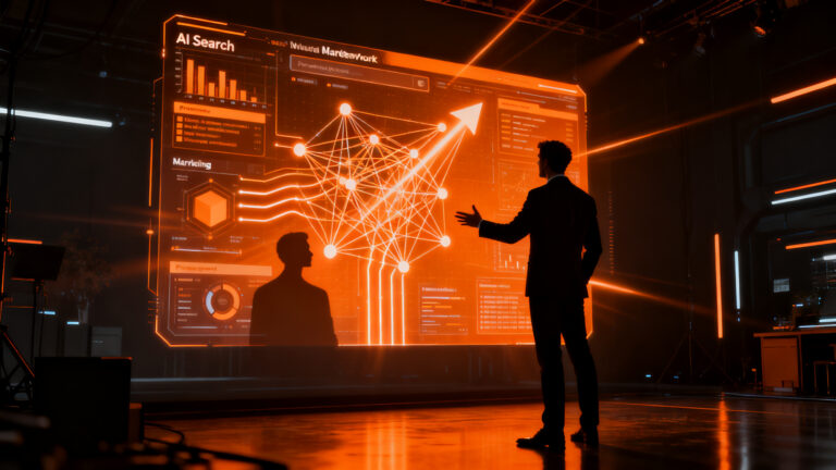 Especialista en marketing interactuando con redes de IA Search, representando la nueva era de empleos en inteligencia artificial.