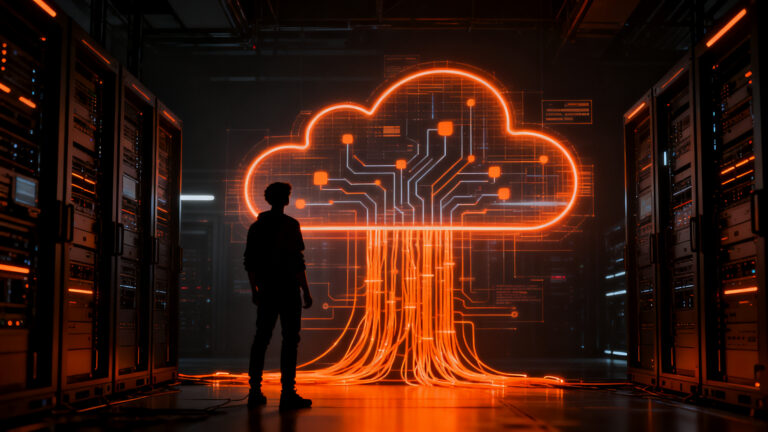 Futuro del gaming: silueta de jugador frente a servidores de nube representando el declive de consolas y el auge del cloud gaming.