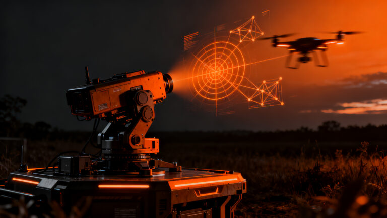 Torreta robótica con inteligencia artificial detectando drones en un entorno de defensa tecnológica, ilustrando la automatización y la iteración rápida.