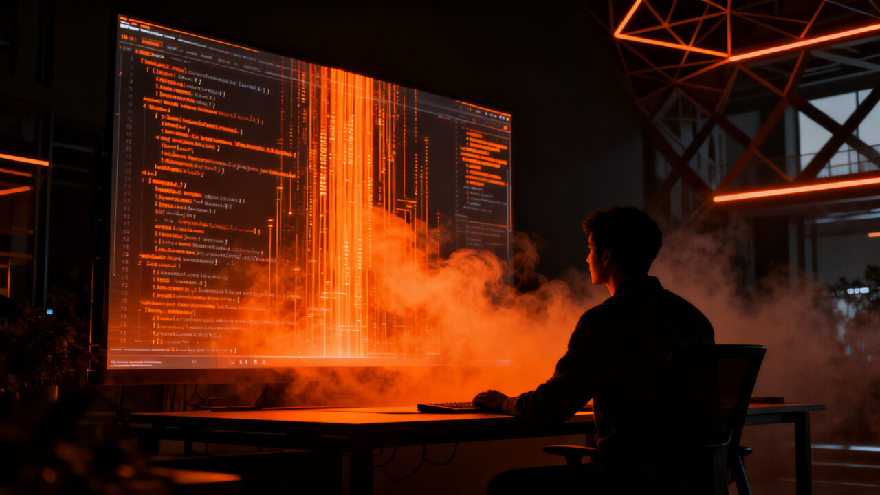 Desarrollador de software analizando líneas de código generadas por IA, reflexionando sobre la productividad y la calidad del software.