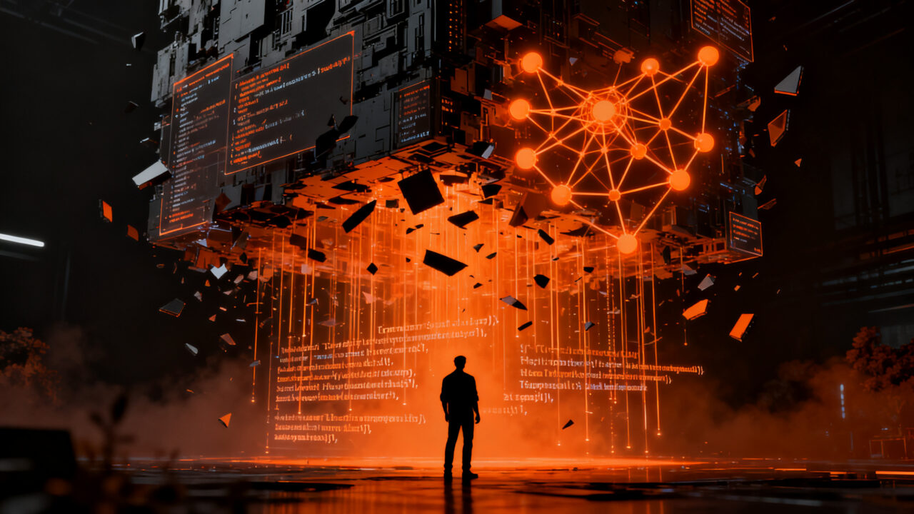 Representación visual de la descompilación de código de videojuegos mediante inteligencia artificial y los riesgos de seguridad de propiedad intelectual.