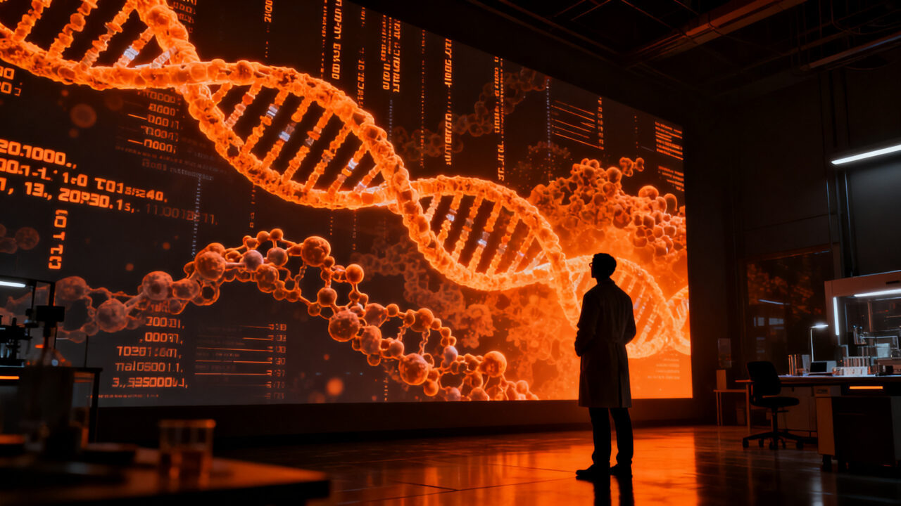 Investigador analizando estructuras de ADN y proteínas mediante inteligencia artificial generativa y biotecnología avanzada.