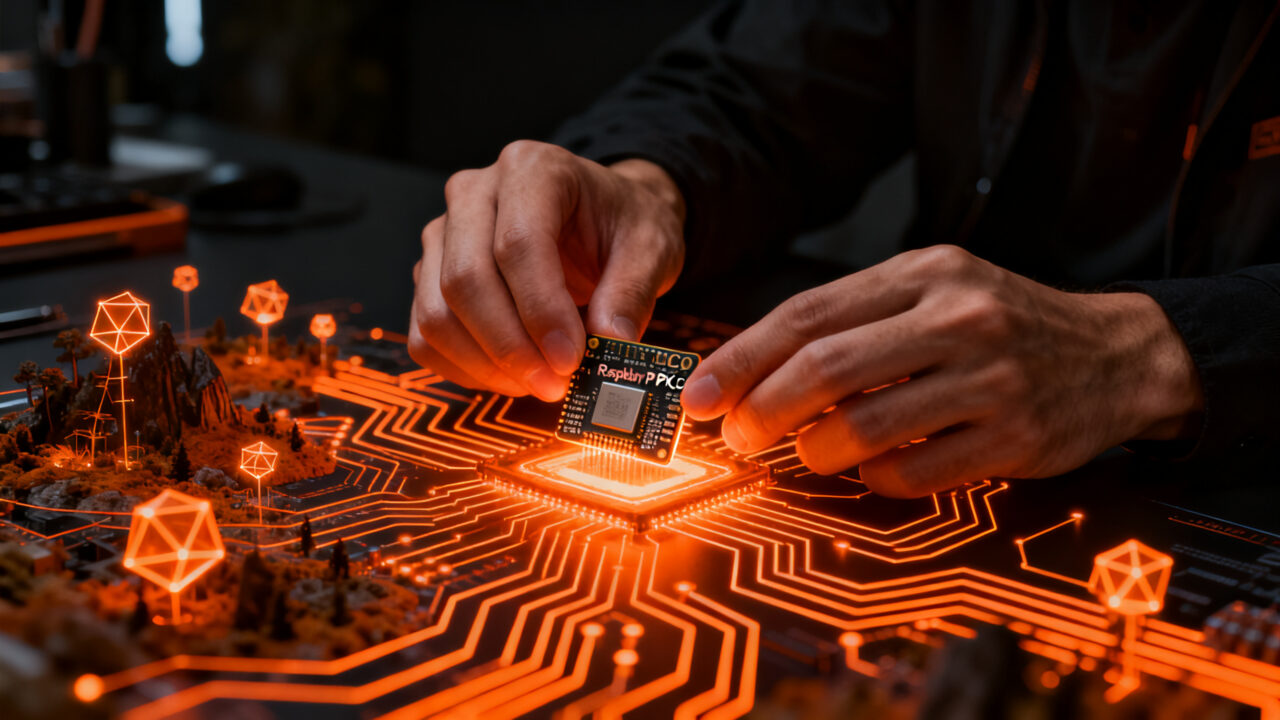 Modelo de IA transformer corriendo en un Raspberry Pi Pico, representando la optimización de modelos y edge computing para startups.