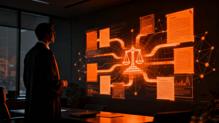 Abogado frente a una interfaz de inteligencia artificial, analizando la eficiencia operativa y la rentabilidad en despachos de abogados.