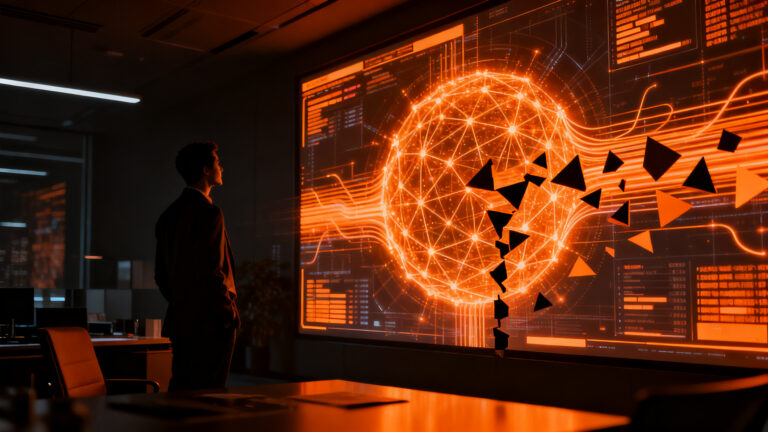 Un profesional frente a una red compleja de datos de IA, simbolizando el reto de la transformación digital y la búsqueda de eficiencia operativa en startups.
