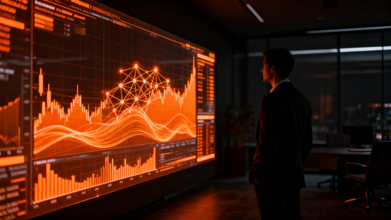 Emprendedor analizando datos financieros mediante inteligencia artificial en Argentina, representando la alta adopción de IA en el sector fintech.