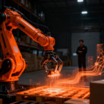 Brazo robótico industrial con IA física trabajando en un almacén automatizado, representando la integración de Teradyne Robotics y Sereact en logística.