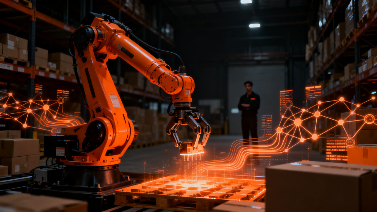 Brazo robótico industrial con IA física trabajando en un almacén automatizado, representando la integración de Teradyne Robotics y Sereact en logística.