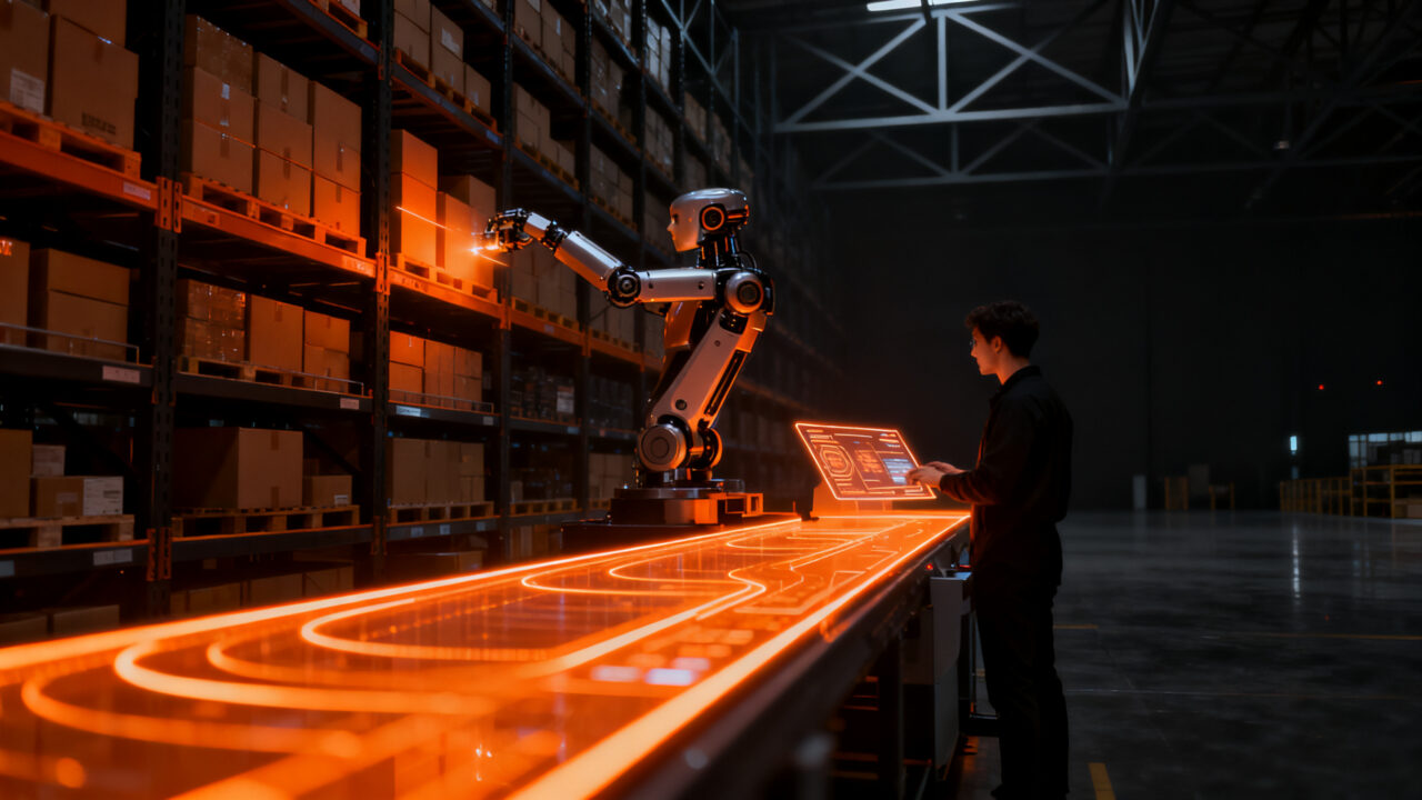 Robots humanoides y automatización con IA física transformando la eficiencia en almacenes logísticos modernos.