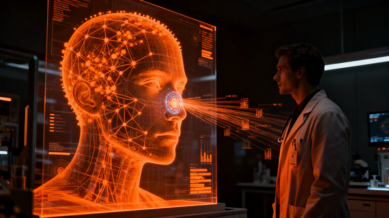 Modelo de IA FAHR-Face analizando datos de salud para predecir supervivencia al cáncer mediante visión artificial.