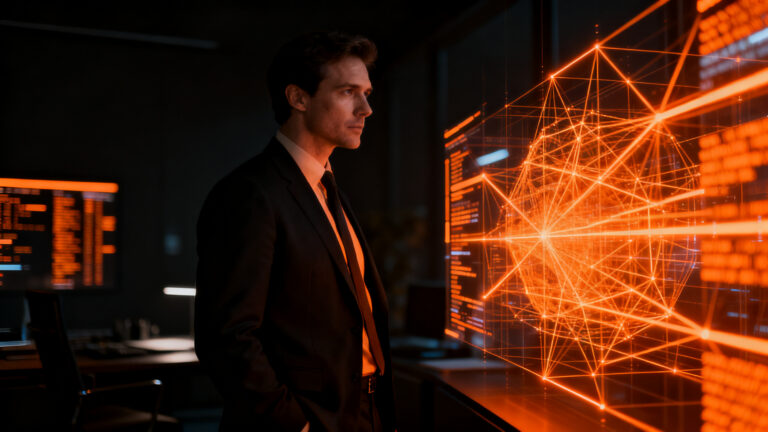 Ejecutivo tomando decisiones críticas frente a una interfaz de inteligencia artificial, representando la oportunidad estratégica en LATAM.