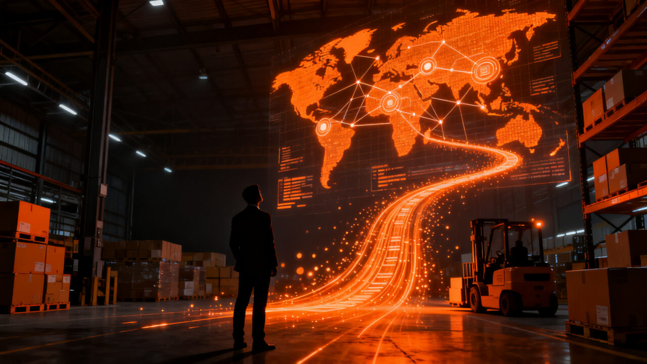 Líder logístico analizando datos de cadena de suministro con inteligencia artificial para optimización empresarial.