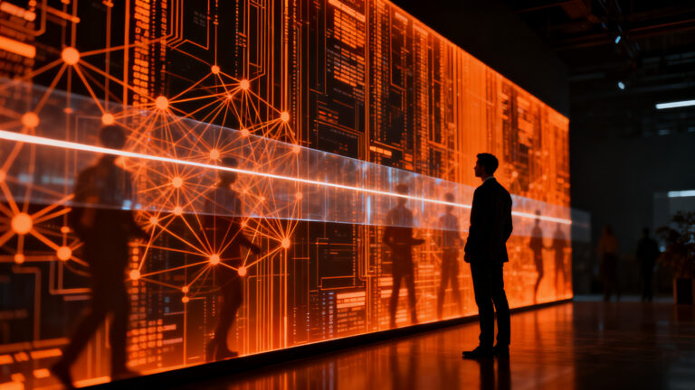 Silueta de un ejecutivo analizando datos de conversión impulsados por IA, representando el dilema entre personalización y ética en marketing.