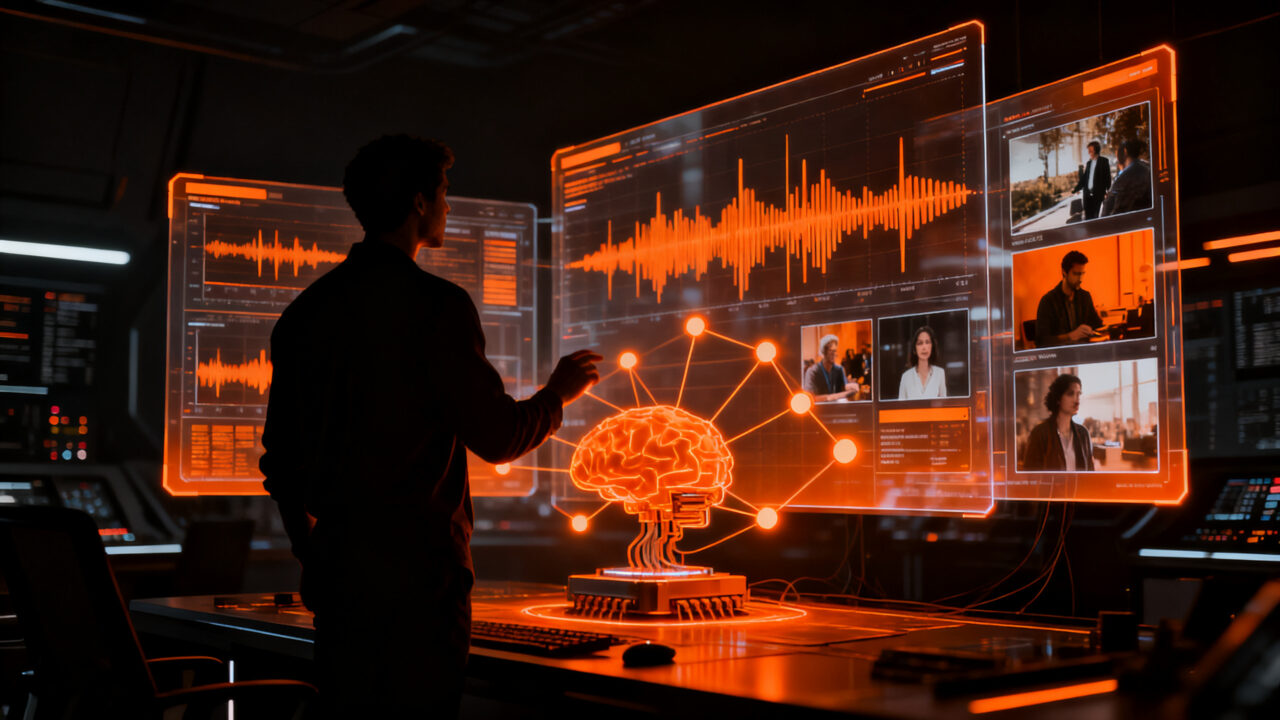 Representación visual de IA multimodal analizando flujos de datos de audio, video y fotos en un entorno tecnológico avanzado.