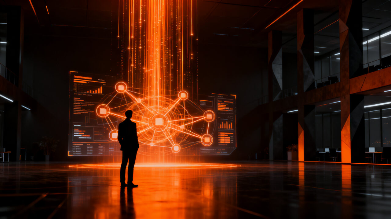 Escena de oficina moderna con ejecutivo analizando datos de IA generativa, representando la transición hacia la monetización B2B en el mercado tecnológico.