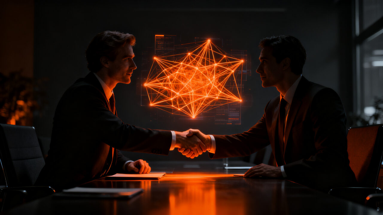 Líderes de negocios en una reunión presencial estratégica, equilibrando la inteligencia artificial con la conexión humana.