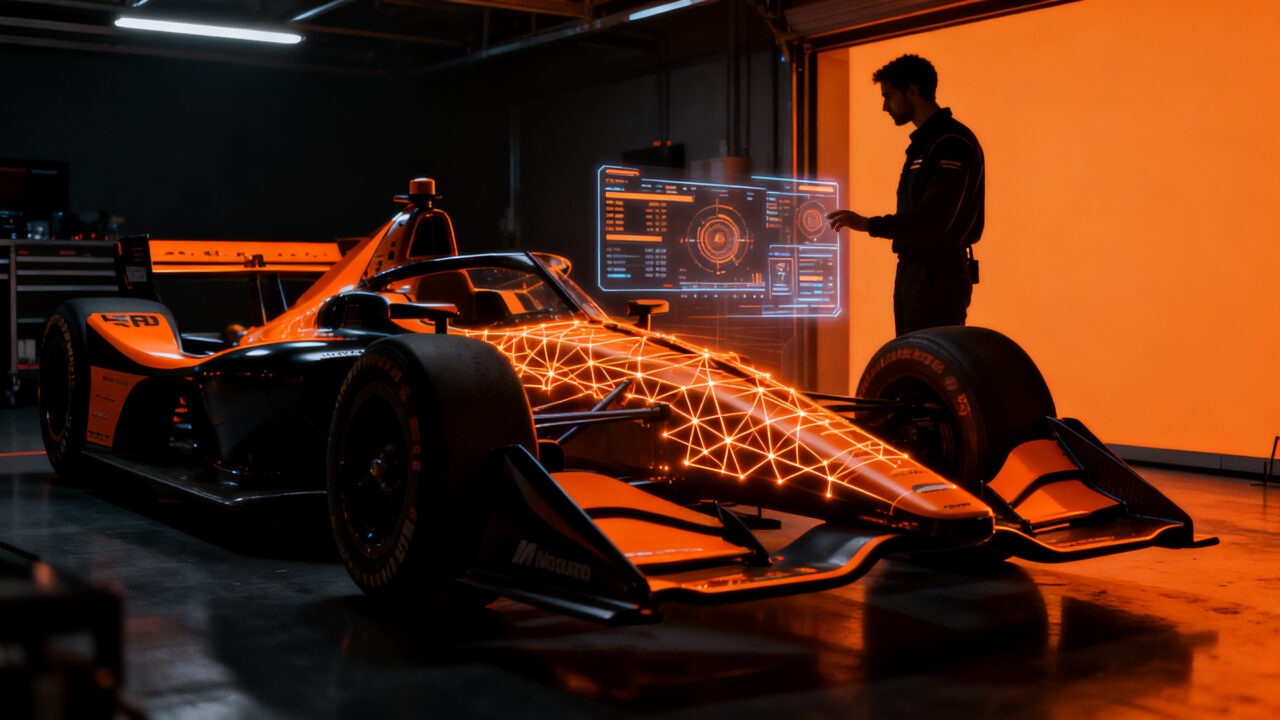 Ingeniero analizando datos de IA para optimizar el rendimiento del coche IndyCar de Álex Palou en el circuito.