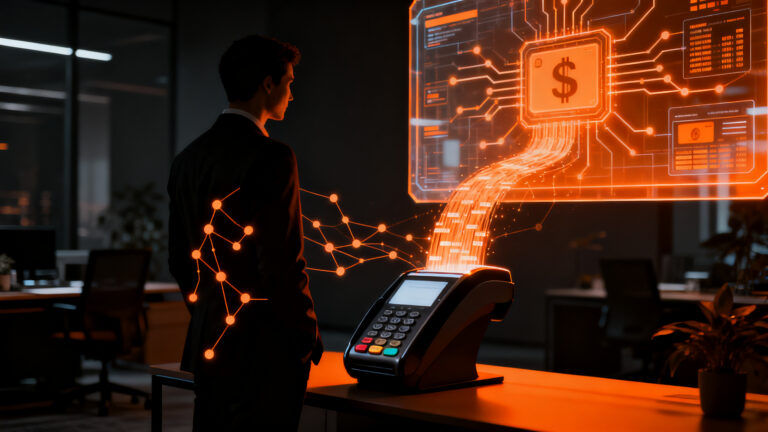 Agente de inteligencia artificial realizando un pago automático, representando la innovación en fintech y banca digital.