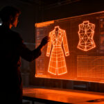 Diseñador de moda utilizando herramientas de IA para patronaje digital y automatización de patrones textiles en un entorno tecnológico.