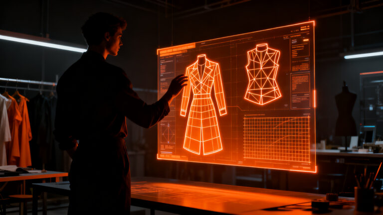 Diseñador de moda utilizando herramientas de IA para patronaje digital y automatización de patrones textiles en un entorno tecnológico.