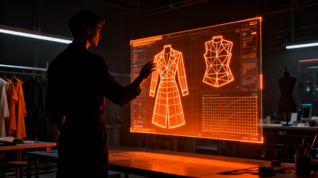 Diseñador de moda utilizando herramientas de IA para patronaje digital y automatización de patrones textiles en un entorno tecnológico.