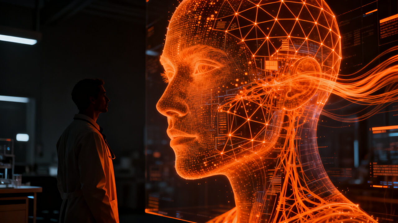 IA médica analizando biomarcadores faciales para predecir riesgos de salud y cáncer, concepto de salud digital innovadora.