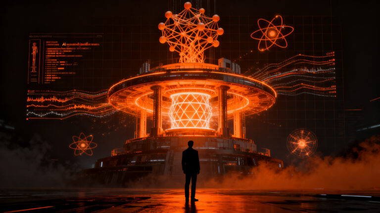 Silueta de un humano frente a una red neuronal compleja, representando el impacto de la IA en la humanidad y la medicina personalizada.