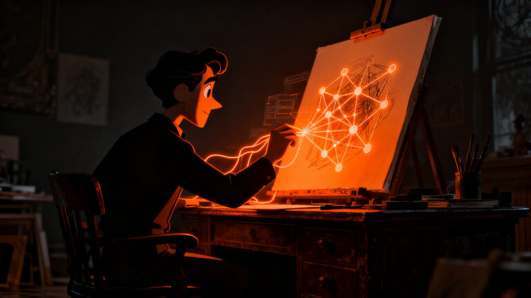 Ilustrador frente a una inteligencia artificial analizando dilemas de propiedad intelectual y derechos de autor en caricaturas.