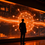 Estratega de RRHH analizando datos de inteligencia artificial en una interfaz digital futurista, representando la digitalización del talento.