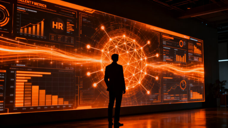 Estratega de RRHH analizando datos de inteligencia artificial en una interfaz digital futurista, representando la digitalización del talento.