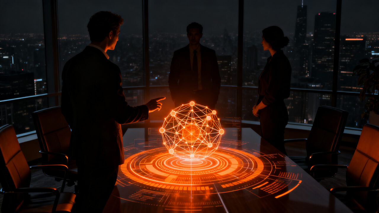 Líderes tecnológicos debatiendo la regulación y seguridad de la Inteligencia Artificial en un entorno corporativo futurista.