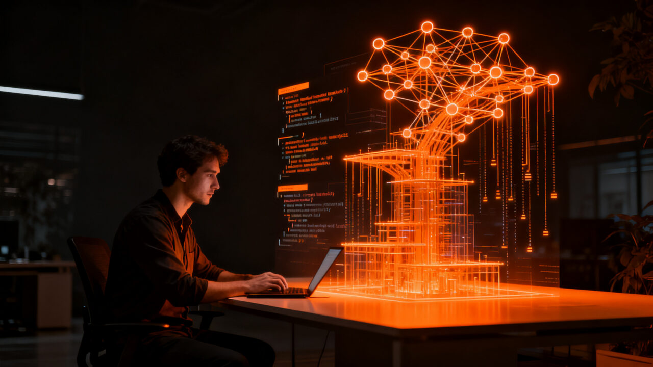 Ingeniero analizando arquitectura de software complejo mediante inteligencia artificial para maximizar la productividad y estrategia técnica.