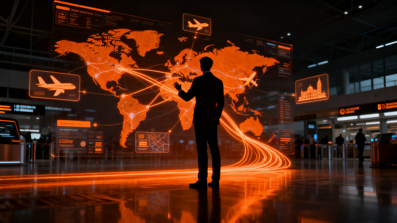 Agente de IA gestionando reservas de viajes en un entorno digital futurista para el sector turístico en WTTC Malta 2026.
