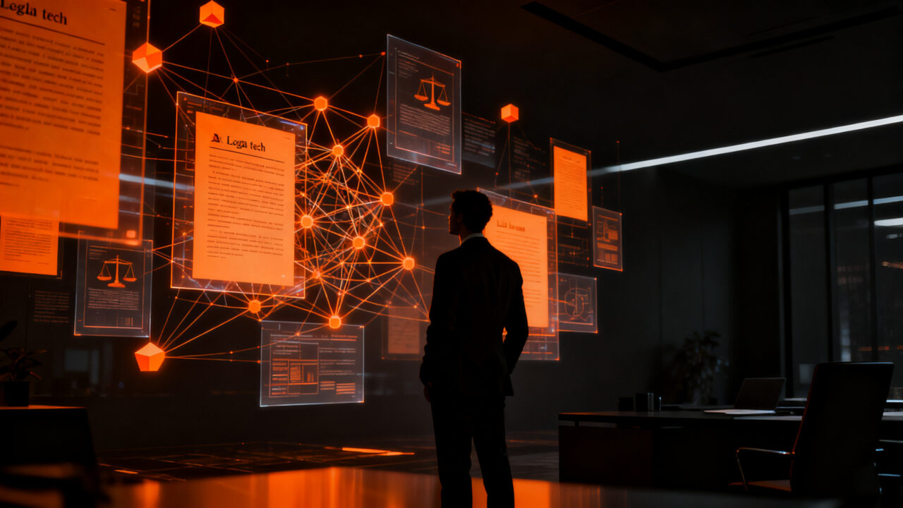 Líder jurídico analizando datos digitales y tecnología legal en la era de la IA, representando la gestión humana en equipos legales.