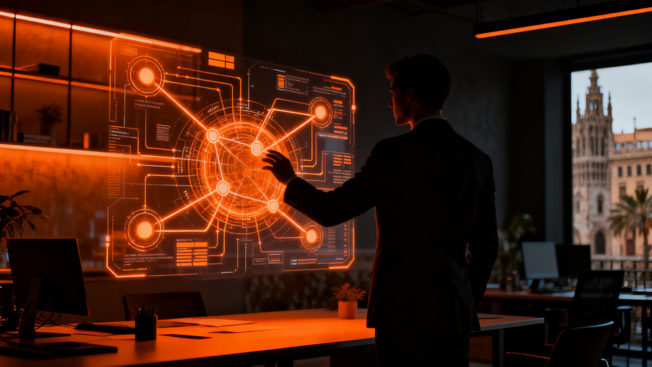 Profesional colaborando con una interfaz de inteligencia artificial en Barcelona, representando el futuro del trabajo y la integración Human + AI.